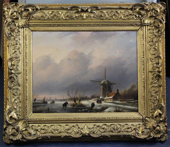 Attributed to Jacob Jan Conrad Spohler (1837-1923) Dutch winter landscape with figures skating on the ice, 14 x 18in.